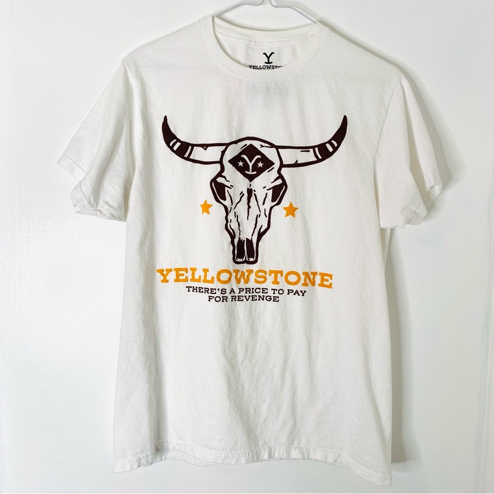 Yellowstone White Brown Yellow Revenge Bull Skull Crew Neck Tee
